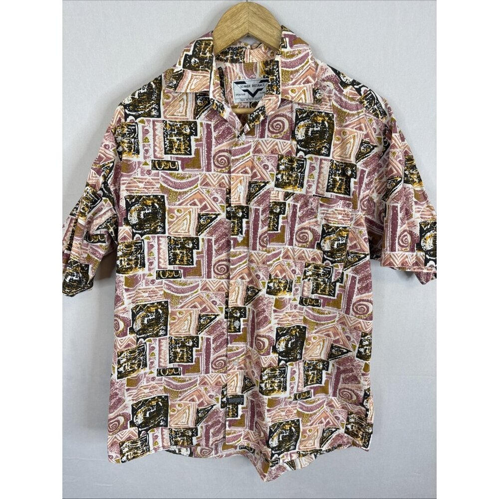 Longue Distance Vintage Hawaiian Shirt Mens M Abstract Geometric Print 80s